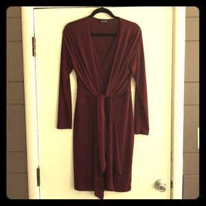 Burgundy wrap detail body con dress